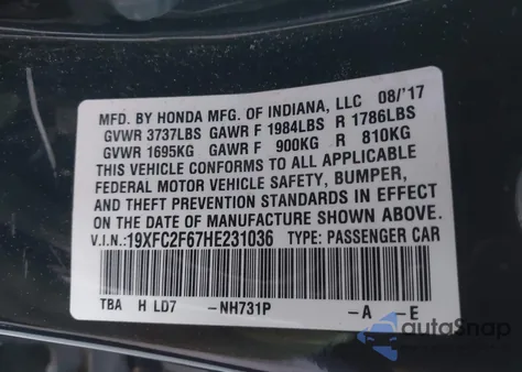 2017 Honda Civic Lx from USA, damaged, VIN 19XFC2F67HE231036